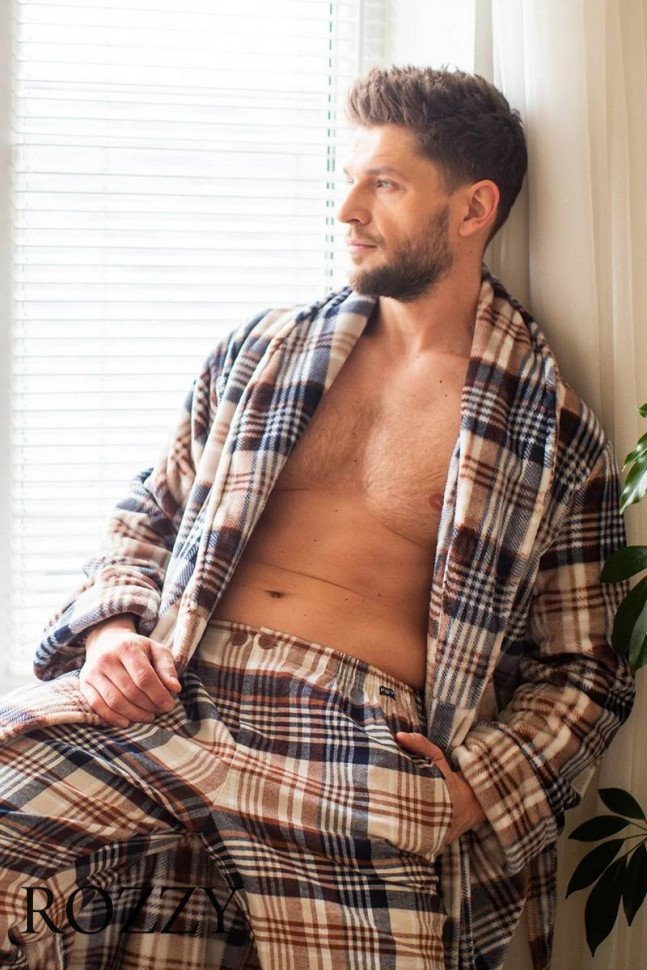 Халат мужской флисовый Key MGL 443 графитовый/бежевый